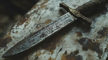 Old Rusty Dagger on Wood Illustration