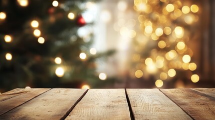 Rustic wooden table, warm, defocused Christmas lights in the background, cozy, festive atmosphere - holiday warmth and celebration