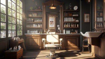 Vintage barbershop interior with wooden shelves, a white leather barber chair, a sink, and a large window with sunlight streaming in.
