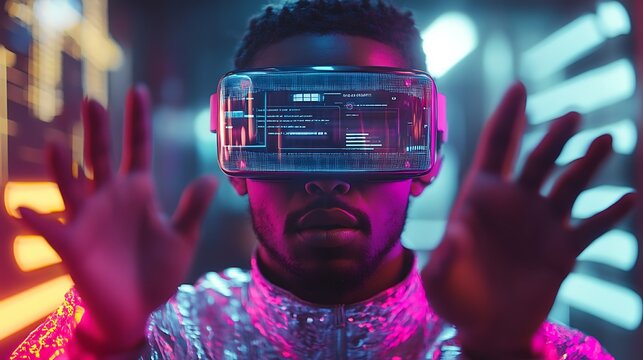 Close-up of a developer testing AR code, hands gesturing in mid-air, interacting with floating holographic user interfaces, VR headset reflecting vivid neon lights, sleek modern office setup,