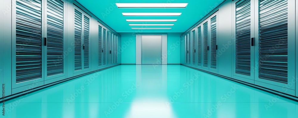 Poster modern data center corridor with blue lighting and server racks on both sides.