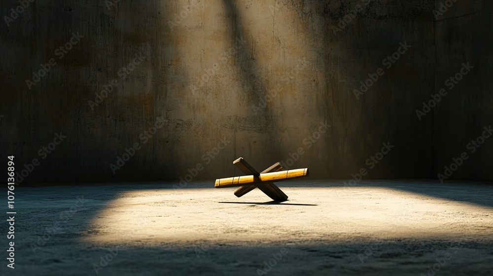 Poster abstract composition of an artistic object with sunlight casting shadows in an industrial space, evo