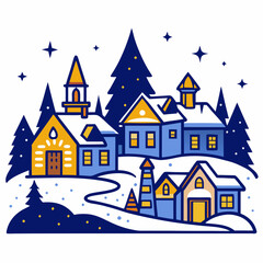 Snowy Village Glow Line Art on White Background