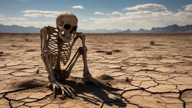 Dead skeletone of bones sitting on cracked dry soil on the river or sea bottom. Deserted landscape subjected to heat on sunny day. Drought and water shortage due to climate change and global warming. 