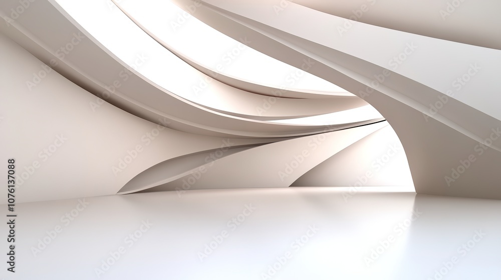 Poster abstract white interior with curved lines and smooth surfaces, showcasing modern architecture and mi