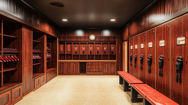 Explore the detailed locker room design for a baseball team featuring personalized spaces for players' gear and comfort - Powered by Adobe