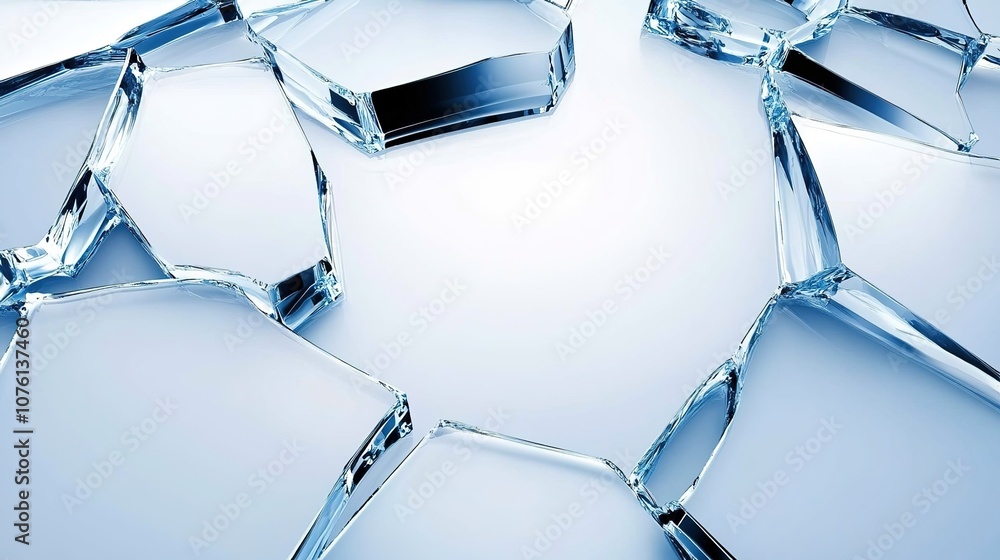 Poster shattered glass pieces on soft blue background creating an abstract modern look with natural light r
