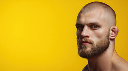 Obraz premium A bearded man with a serious expression stands against a vibrant yellow background, AI