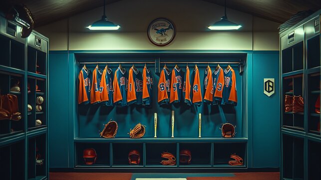 Explore the neat organization of a locker room featuring baseball jerseys bats and gloves for ultimate team readiness - Powered by Adobe