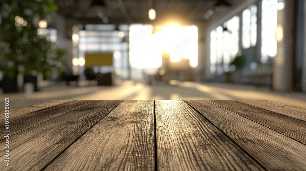 Poster a wooden table with a view of a room