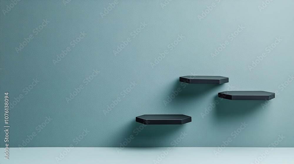 Poster minimalist interior design concept with floating hexagonal shelves on a soft teal wall, creating an 
