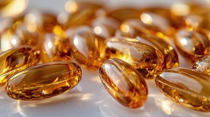 Amber capsules isolated on a white background, displaying close-up amber yellow vitamin omega 3 pills, ideal for health-related concepts with ample copy space.