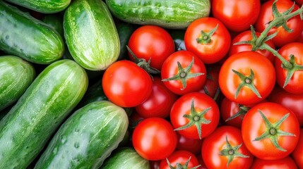 Fresh heap of tomatoes and cucumbers displayed together, with vibrant red cherry tomatoes prominently featured, providing an ideal image of garden-fresh produce and copy space.