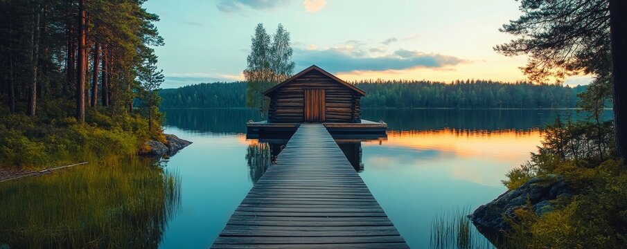 A wooden cabin with a wooden dock sits on a calm lake surrounded by trees at sunset.