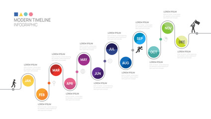 Infographic 12 month steps timeline journey to success growth template. line process diagram. Vector illustration.