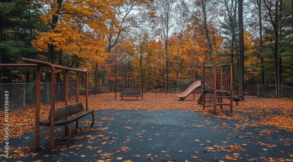 Poster an empty playground surrounded by fall foliage.