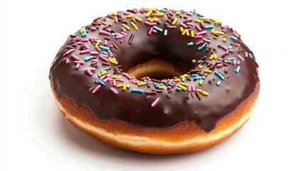 Indulge in a large, delicious chocolate donut adorned with icing and sprinkles, perfectly isolated on a white background, offering ample space for creative photo presentations.
