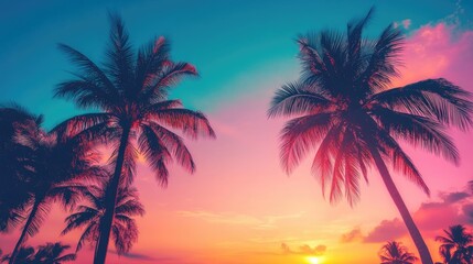 Vibrant tropical sunset captures the essence of retro 80s style, highlighted by silhouetted palm trees, creating a perfect backdrop with ample copy space.