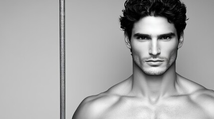 Strong and Charismatic Male Model Posing in High Contrast Black and White Photograph, Showcasing Masculine Features and Confident Expression in Studio Setting