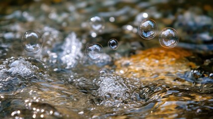Close-up of soap bubbles floating in flowing water, creating an enchanting background of water bubbles. Ideal for capturing the essence of bubbles in a serene setting with ample copy space.