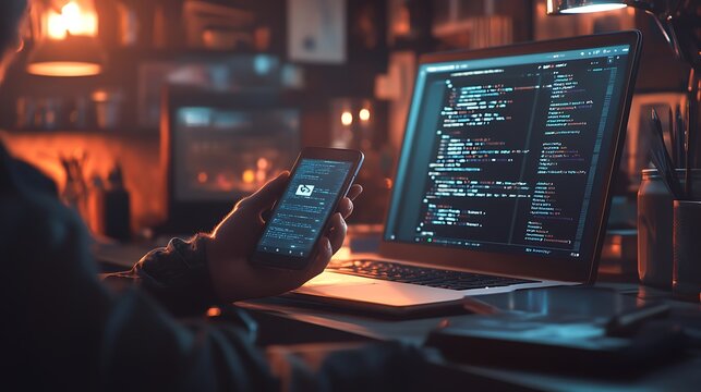 Developer debugging a mobile app, smartphone in hand showing error messages, laptop filled with code, clean desk with tech gadgets, ambient lighting creating a focused atmosphere,