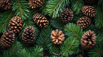 Fototapeta premium Pine cones and branches adorned with vibrant green needles create a natural composition, ideal for capturing the essence of the forest. This image highlights pine cones with ample copy space.