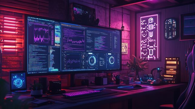 Developer debugging Python code for a neural network model, large monitor displaying intricate data graphs and loss function plots, sleek tech setup with ambient neon lights, photorealistic detail,