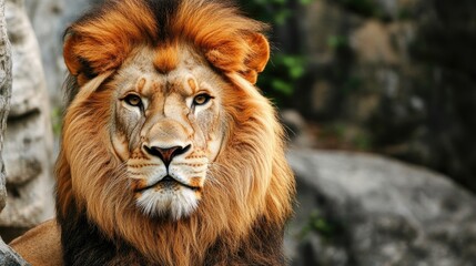Fototapeta premium Majestic portrait of a lion capturing the essence of strength and a powerful gaze. This captivating lion image provides ideal space for additional text or designs.