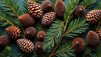 Fototapeta premium texture of dry pine cones and fresh green pine branches with fine details of needles and natural highlights.