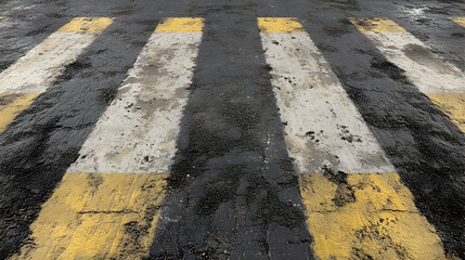 Close-up of Yellow and White Crosswalk on Asphalt Road