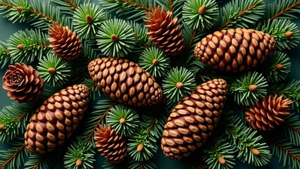 Fototapeta premium texture of dry pine cones and fresh green pine branches with fine details of needles and natural highlights.