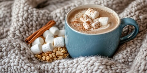 A white mug filled with hot coffee, alongside a blue ceramic cup containing marshmallows, cinnamon, viburnum, nuts, and tea, all set on a cozy knitted blanket--winter morning vibes.