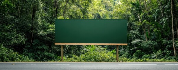 Minimal green screen billboard, surrounded by trees in suburban area, adaptable for environmental or eco-friendly advertising