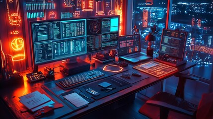 Obraz premium High-angle shot of a programmer's desk, screens showing Python scripts and complex machine learning visualizations, scattered notes and data printouts,