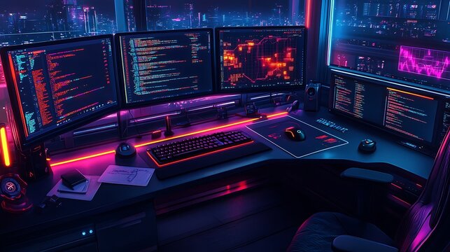 High-angle shot of a programmer's desk, screens showing Python scripts and complex machine learning visualizations, scattered notes and data printouts,