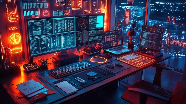 High-angle shot of a programmer's desk, screens showing Python scripts and complex machine learning visualizations, scattered notes and data printouts,