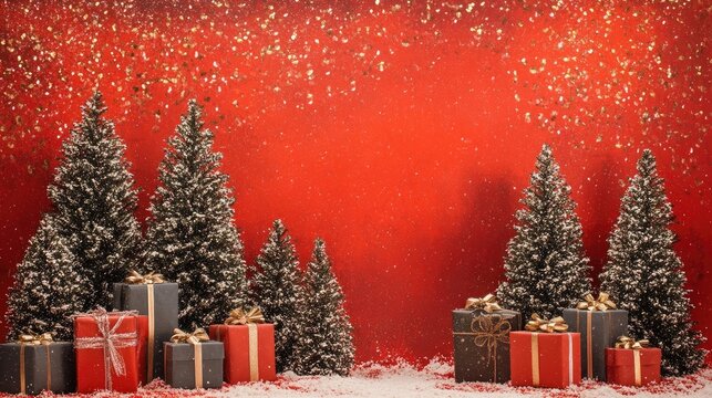 Sparkling Christmas trees adorned with gift boxes set against a vibrant red backdrop create a festive holiday atmosphere. This vertical Christmas scene offers ample copy space.
