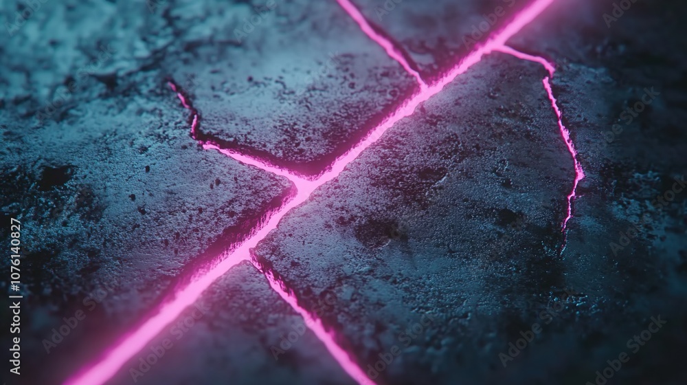 Poster abstract close-up view of a cracked textured surface illuminated by glowing neon pink light, creatin