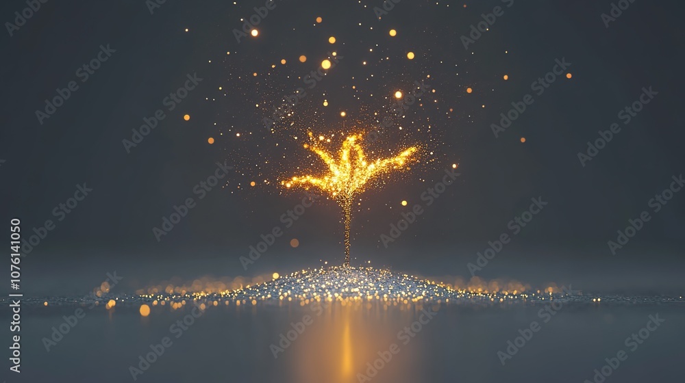 Poster sparkling tree of light emerges from a shimmering ground, symbolizing growth and transformation with