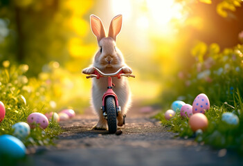 background holiday easter travel cartoon creative one bunny vertical bike rabbit walk cute egg spring illustration bicycle colorful birthday concept summer