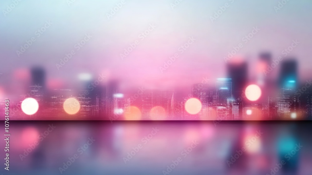 Poster dreamy cityscape at night with colorful bokeh effect and soft focus creating a modern urban atmosphe