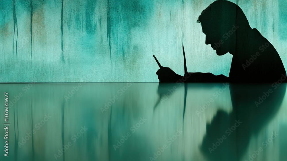Poster profile of a thoughtful individual engaged in creative reflection against a textured background, fea