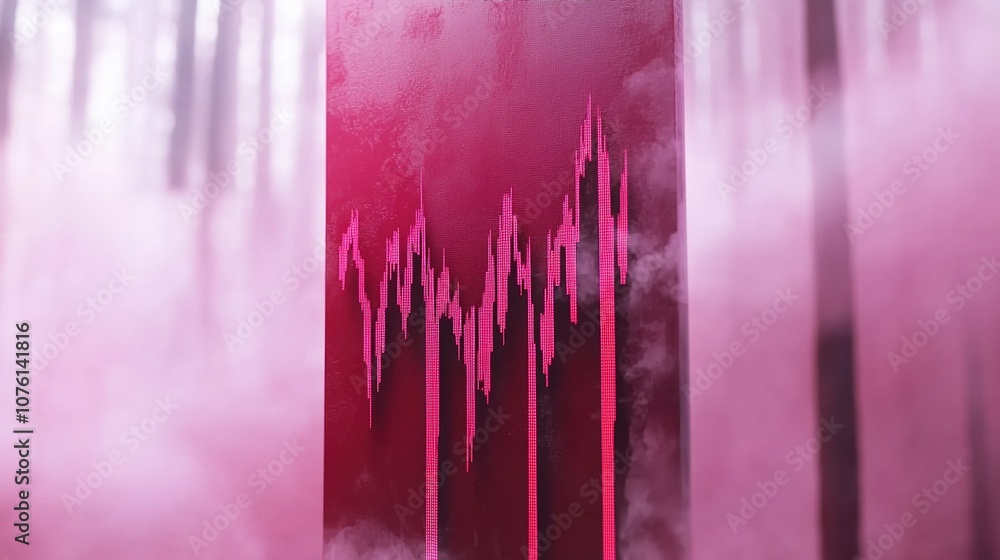 Poster abstract visualization of a pink sound wave emerging from a misty forest setting, showcasing the int