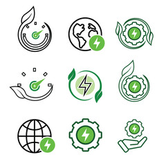 Ecology icon set. renewable energy, environmental protection, earth, leaves, recycling, green energy, green icon. mixed design style. energy, resources