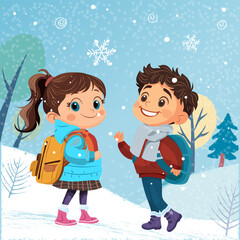 Children go to school in winter. There is snow all around