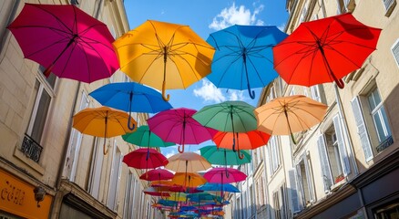 Colorful umbrellas suspended above a narrow street in a European city, creating a cheerful and whimsical atmosphere.
