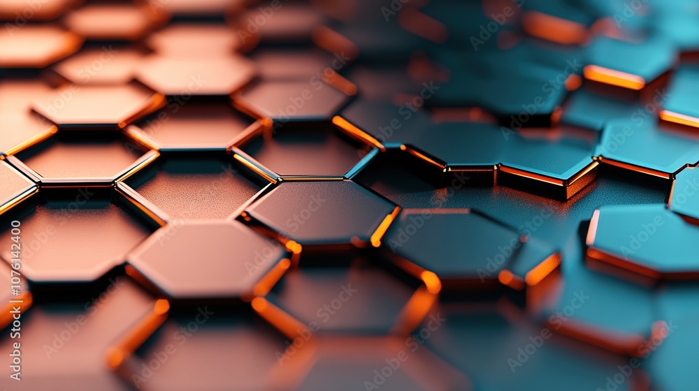 Poster abstract geometric background featuring shiny hexagonal shapes in gradient colors of blue and orange