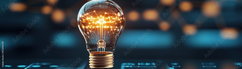 Poster A Close-Up View of a Glowing Light Bulb with Abstract Technology Background Illustrating Innovation, Creativity, and Modern Solutions in Digital Age