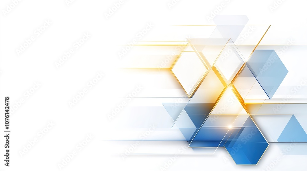 Poster abstract geometric background featuring translucent blue and yellow shapes with dynamic lines for us