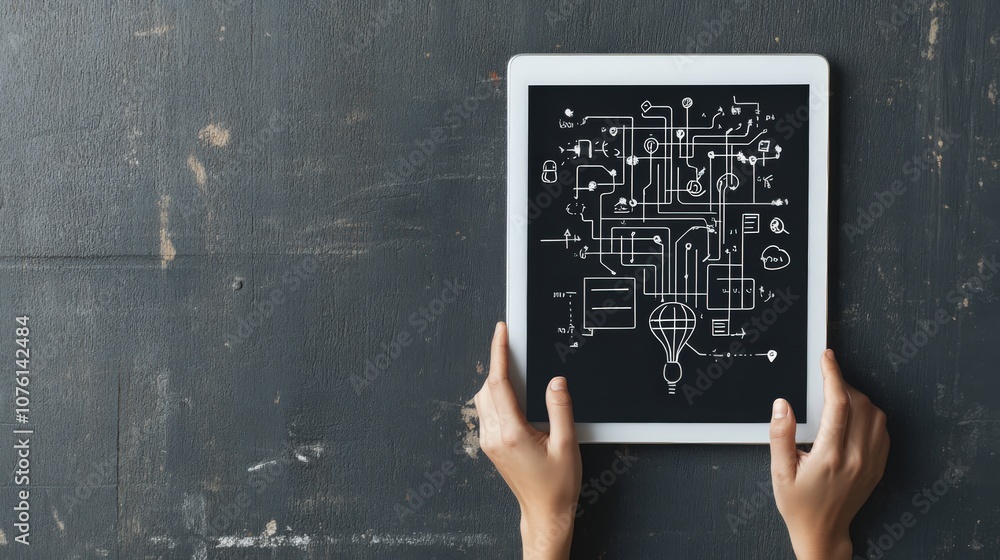 Poster Conceptual representation of digital technology and innovation displayed on a tablet held by hands on a rustic wooden surface, showcasing a blend of creativity and modernity.